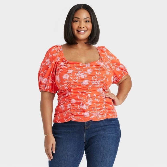 Ava & Viv Tops - Women's Puff Short Sleeve Blouse - Ava & Viv™ Orange Floral 2X